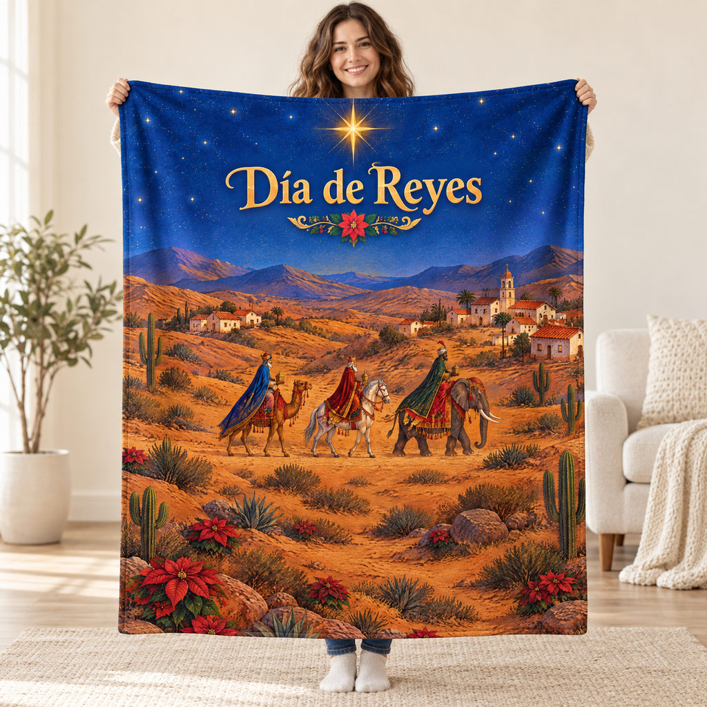Día de Reyes blanket, held open