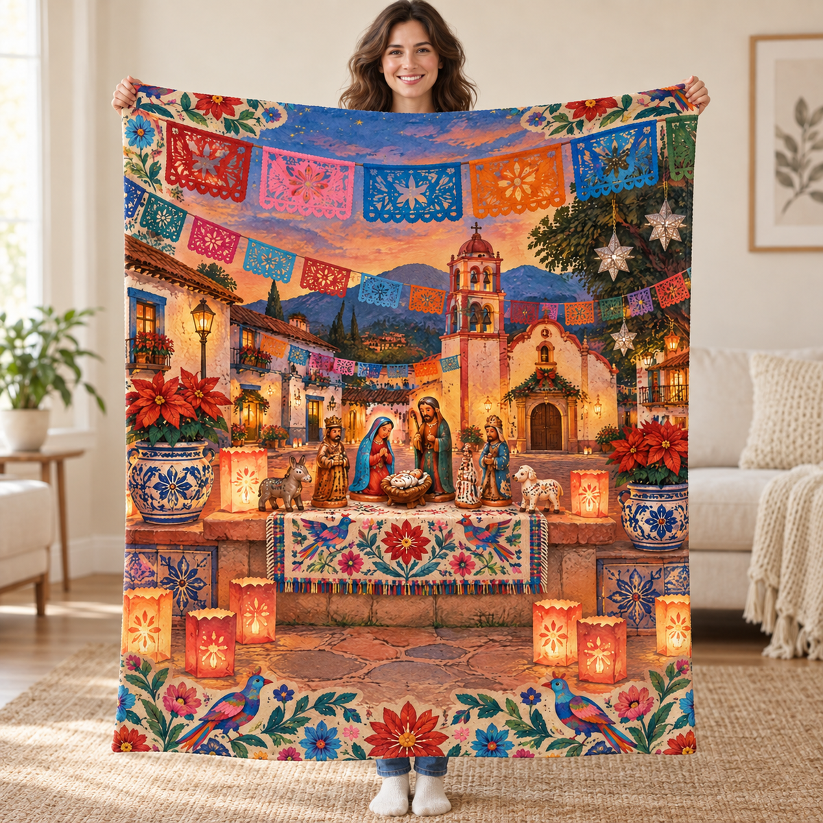Farolito Plaza blanket, held open