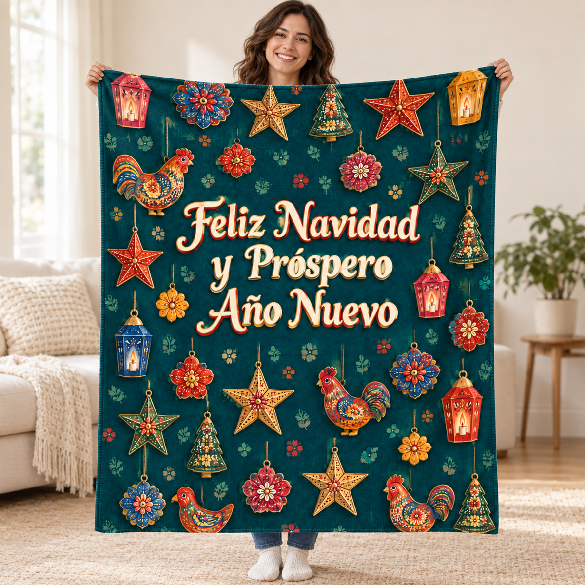 Feliz Navidad y Próspero Año Nuevo blanket, held open