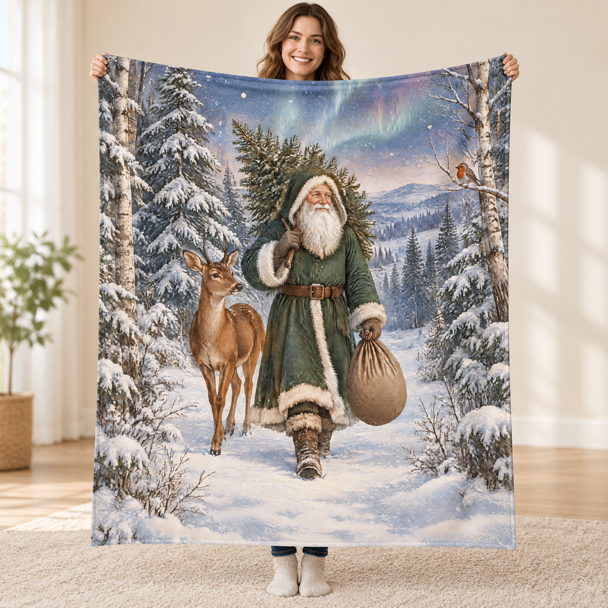 Forest Saint Nicholas blanket, held open