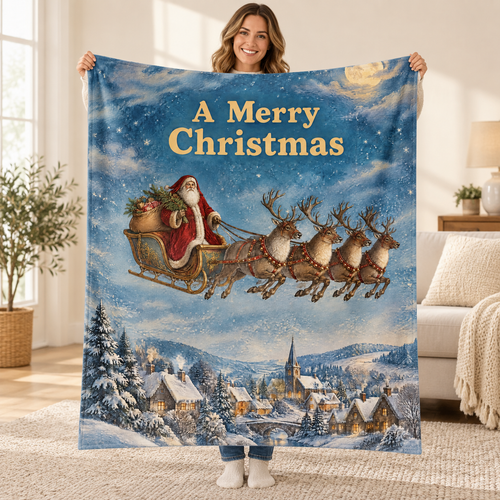 A Merry Christmas blanket, held open