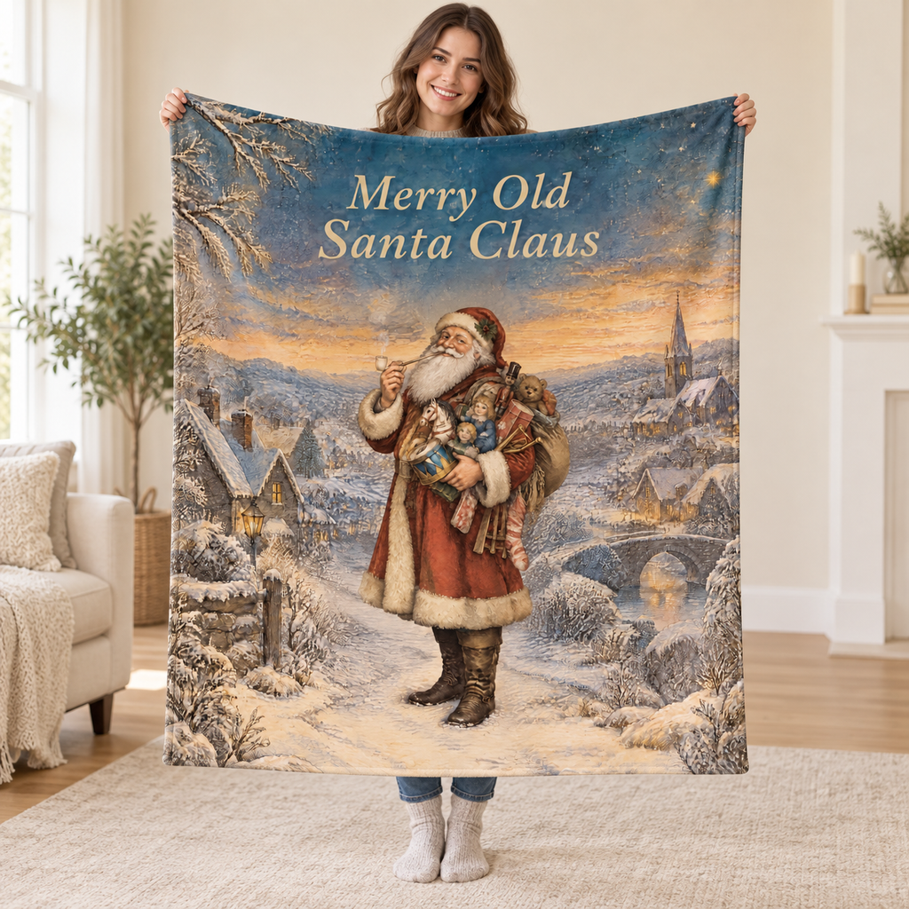 Merry Old Santa Claus blanket, held open