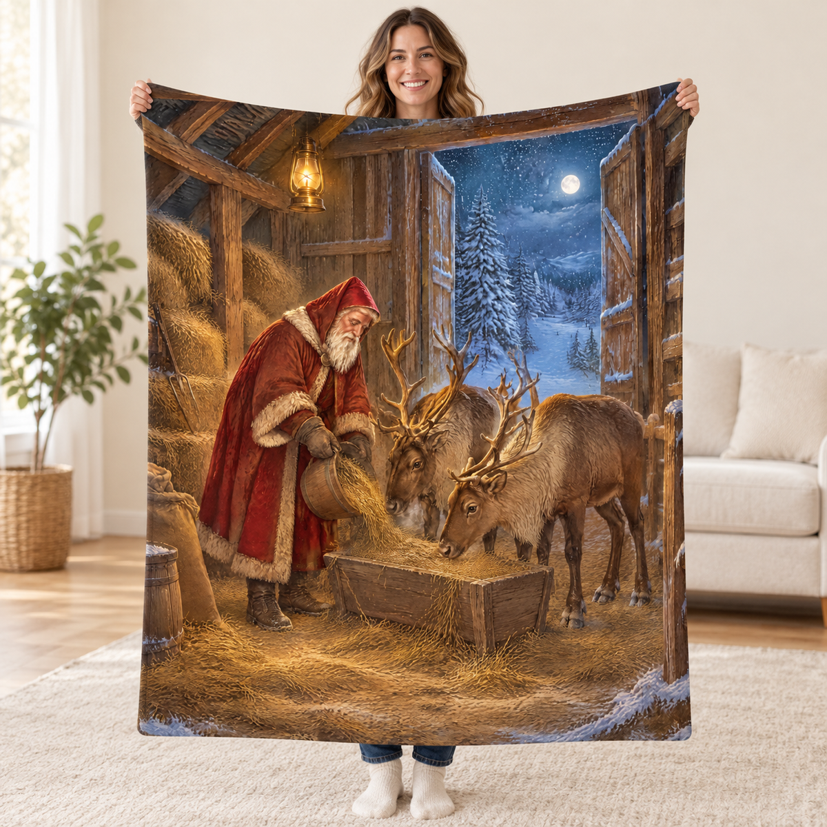 Reindeer Barn blanket, held open