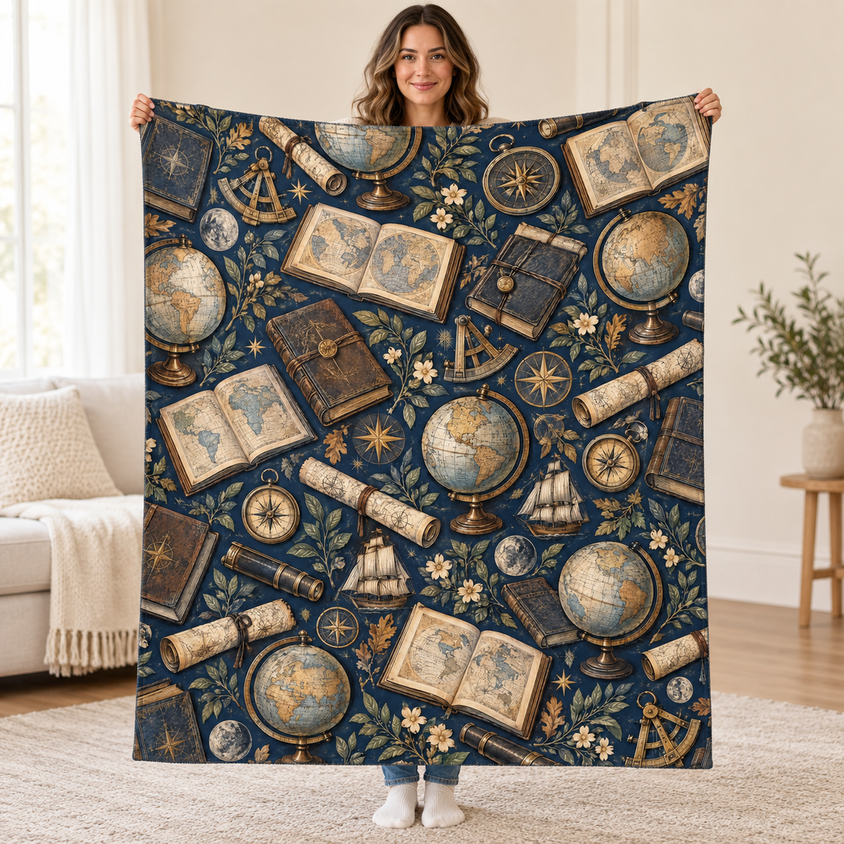 Atlas and Compass blanket, held open