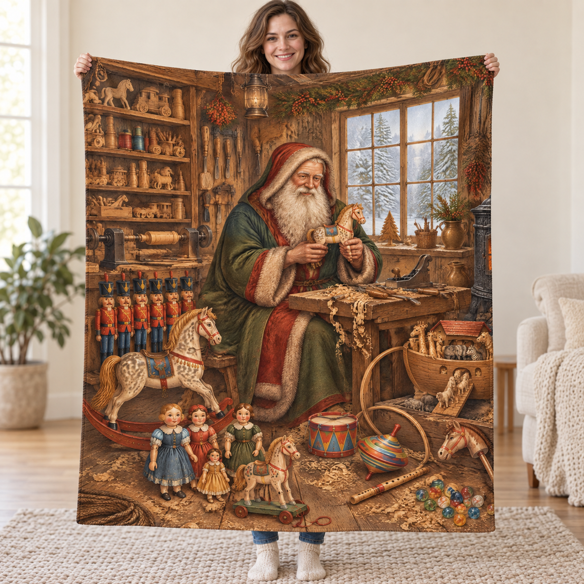 Old World Workshop blanket, held open
