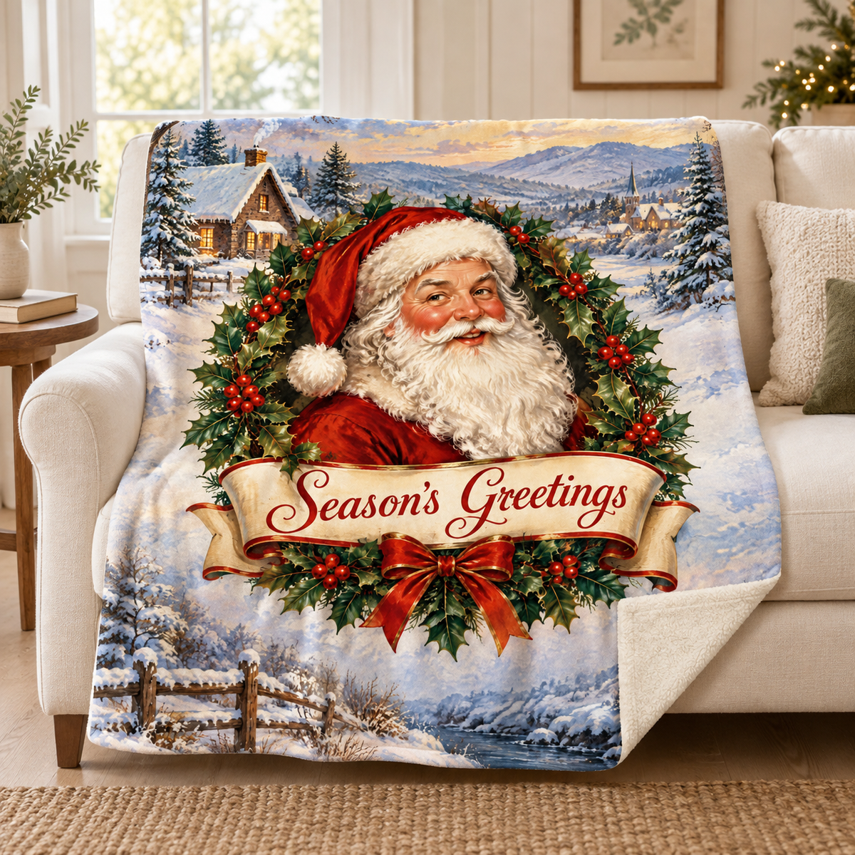 Season's Greetings blanket, on a sofa
