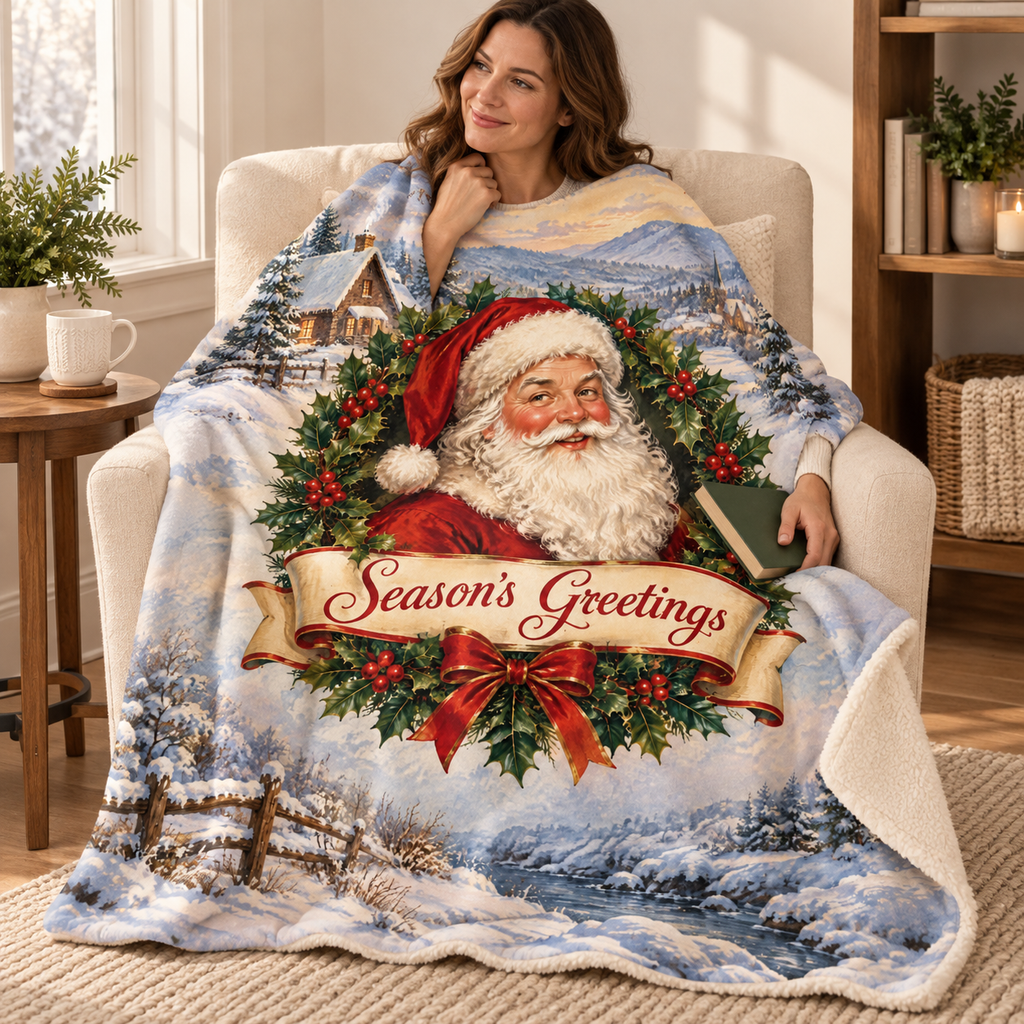 Season's Greetings blanket, wrapped around a reader