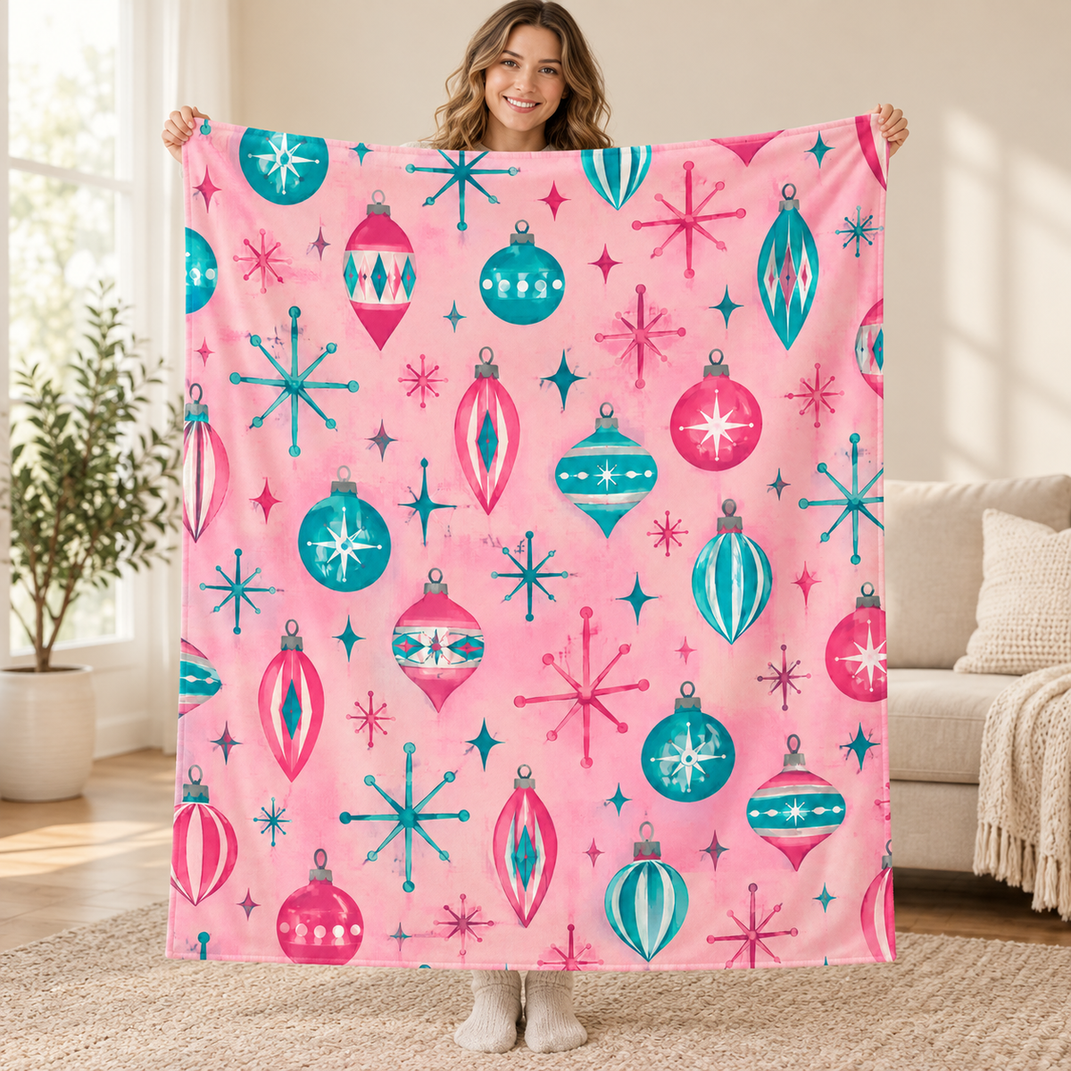 Atomic Ornaments blanket, held open
