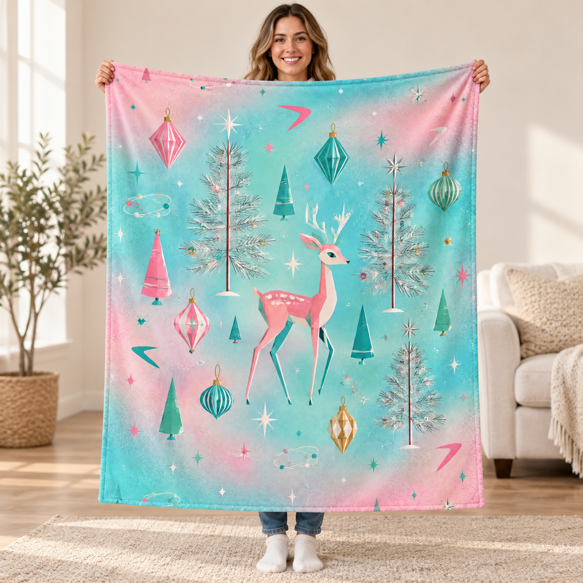Geometric Christmas blanket, held open