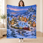 Village Model Train blanket, held open