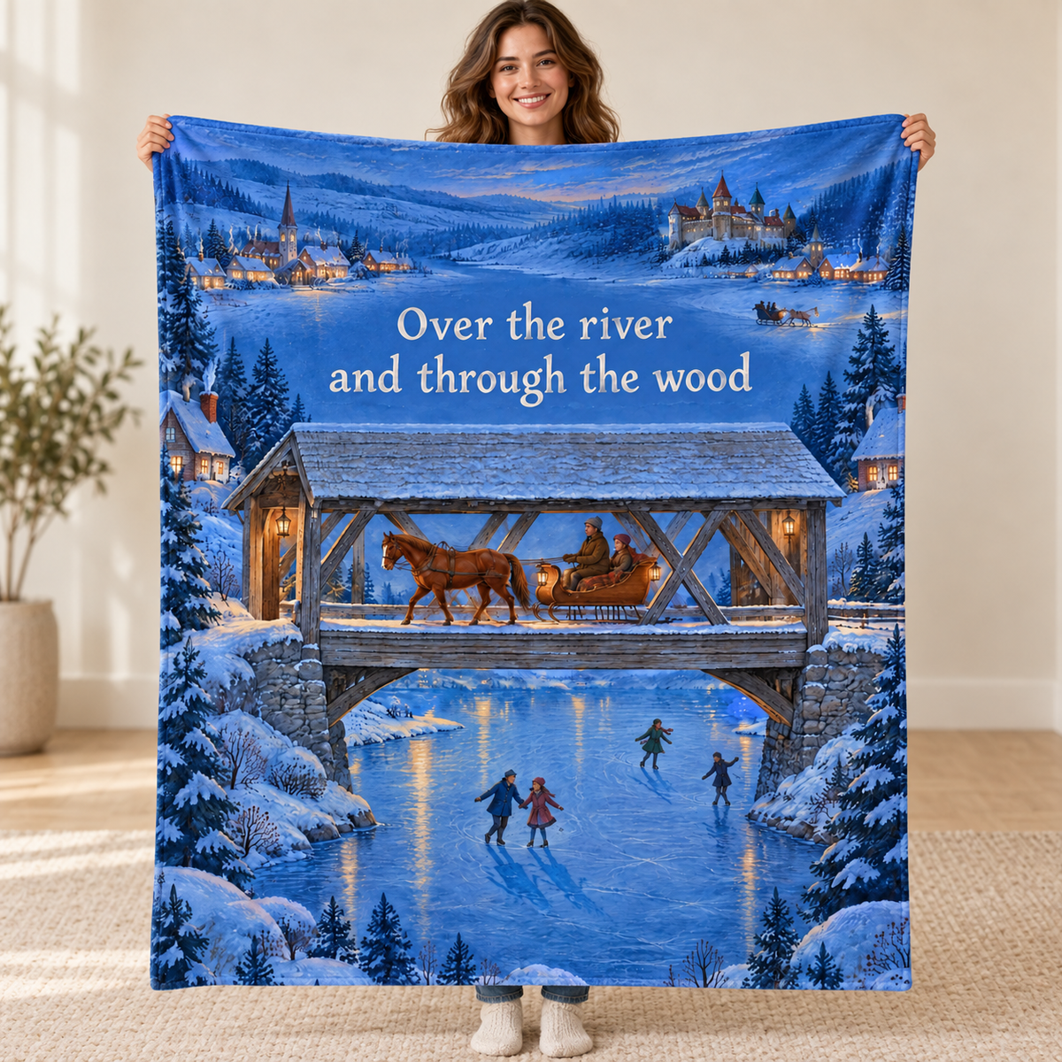 Covered Bridge Sleigh blanket, held open