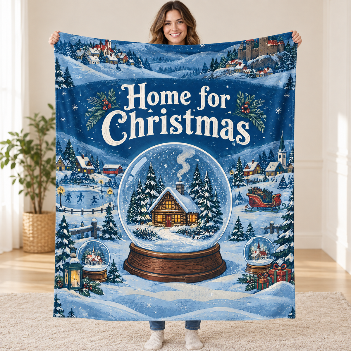 Home for Christmas blanket, held open
