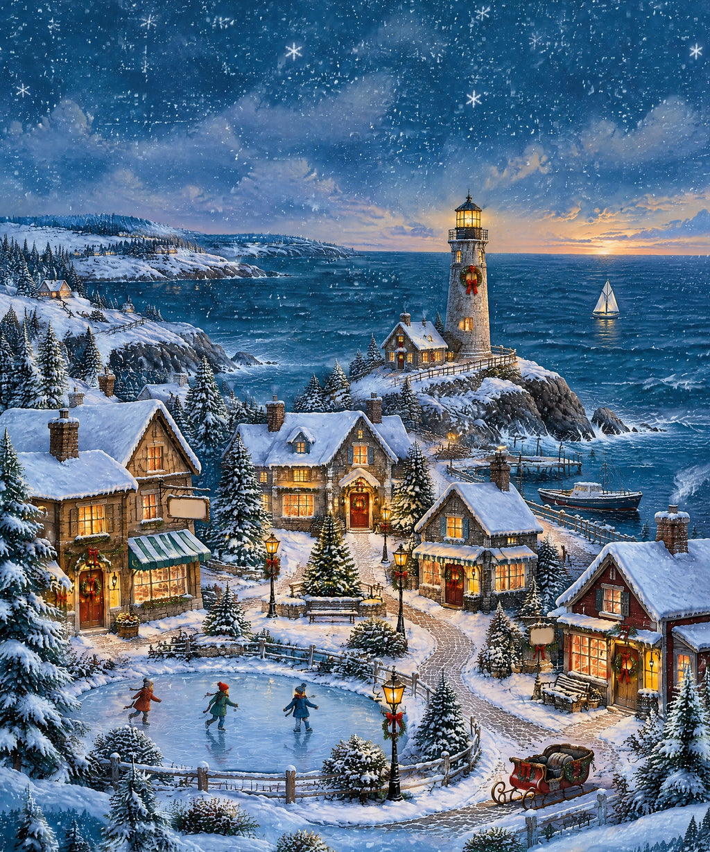 Snowy Lighthouse Village blanket, full design