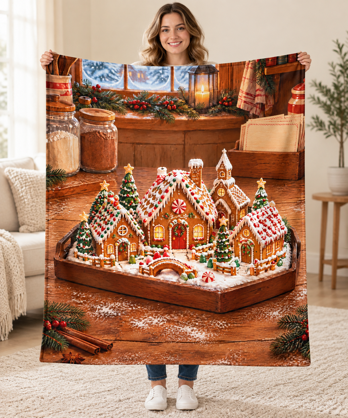 Gingerbread Village blanket, held open