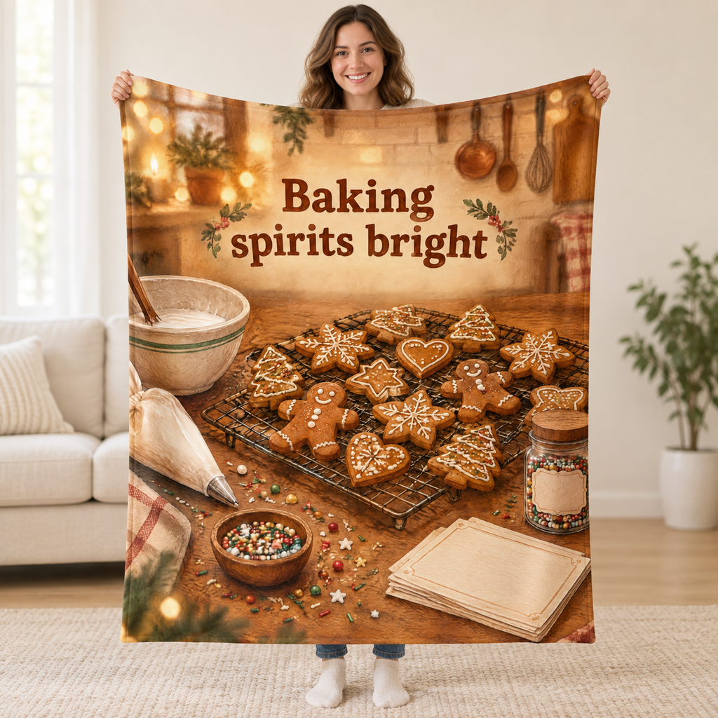 Baking spirits bright blanket, held open