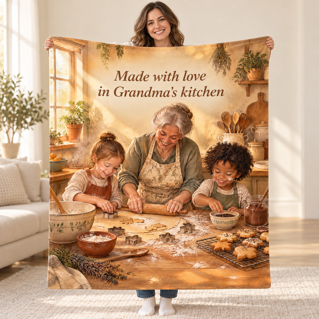 Made with love in Grandma's kitchen blanket, held open