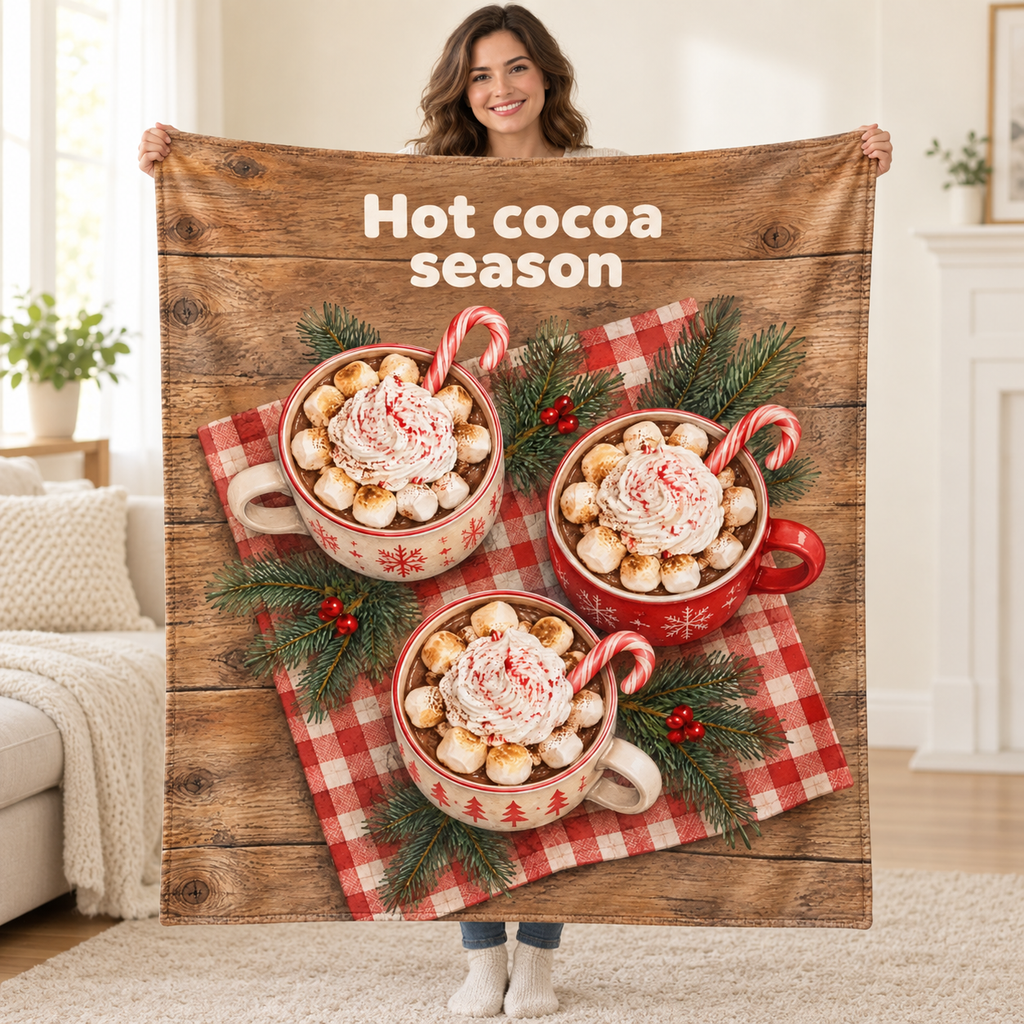 Hot cocoa season blanket, held open