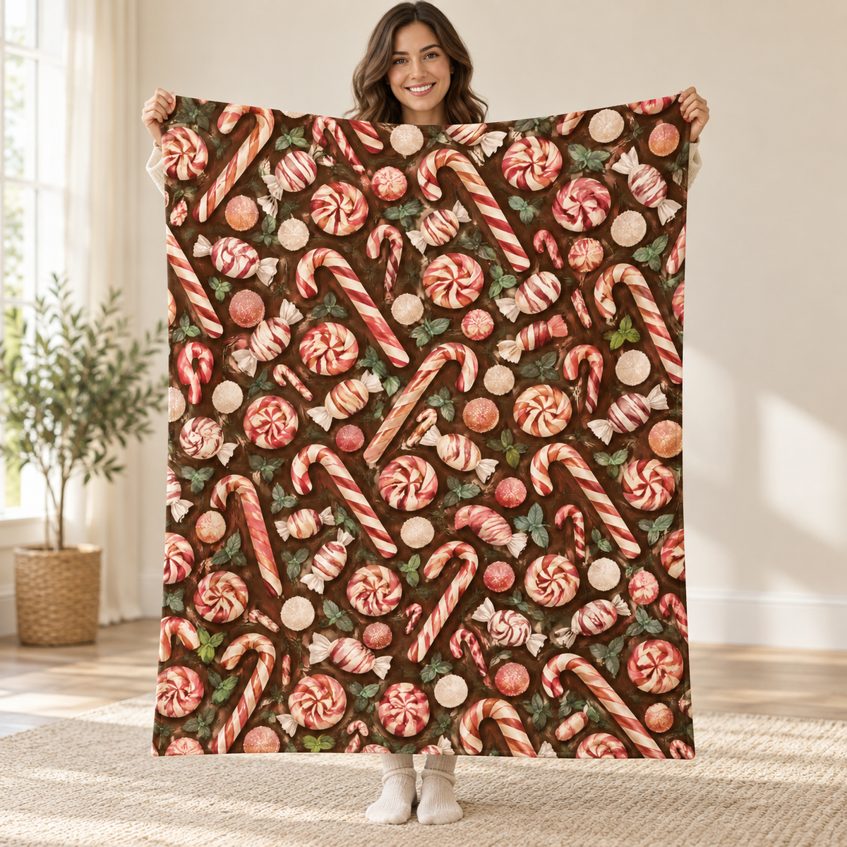Peppermint Swirls blanket, held open
