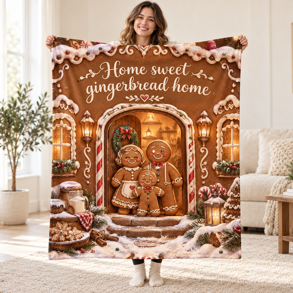 Home sweet gingerbread home blanket, held open