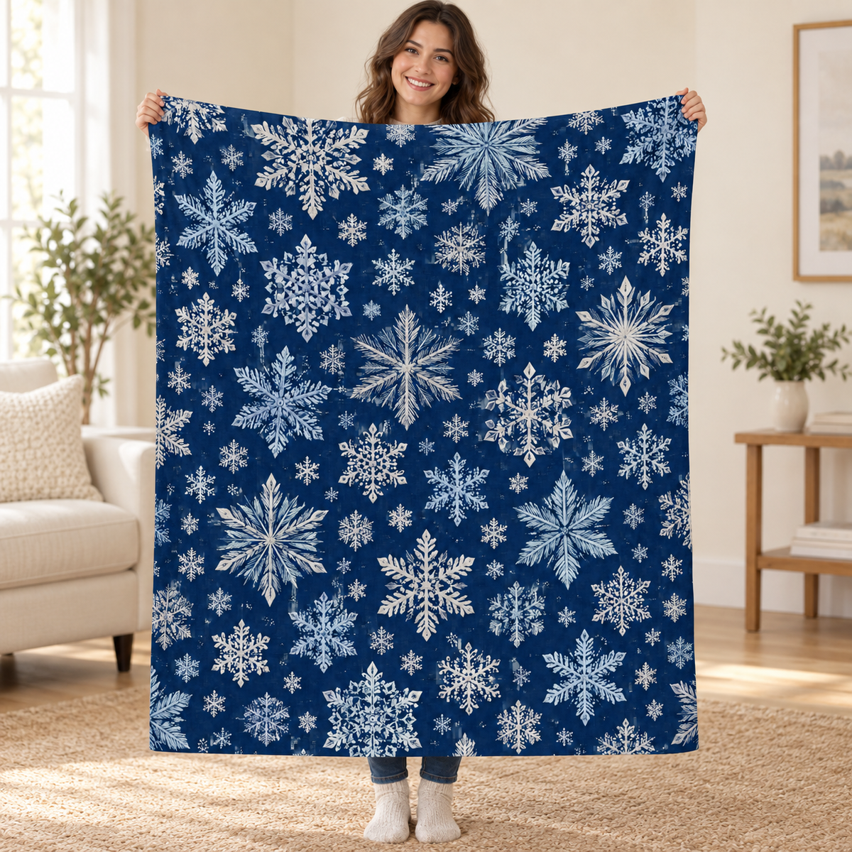 Navy Snowflakes blanket, held open