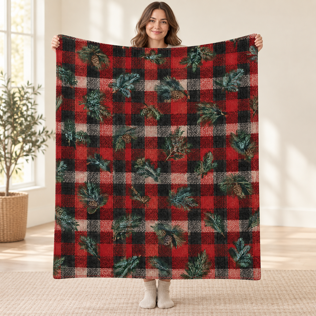 Evergreen Buffalo Check blanket, held open