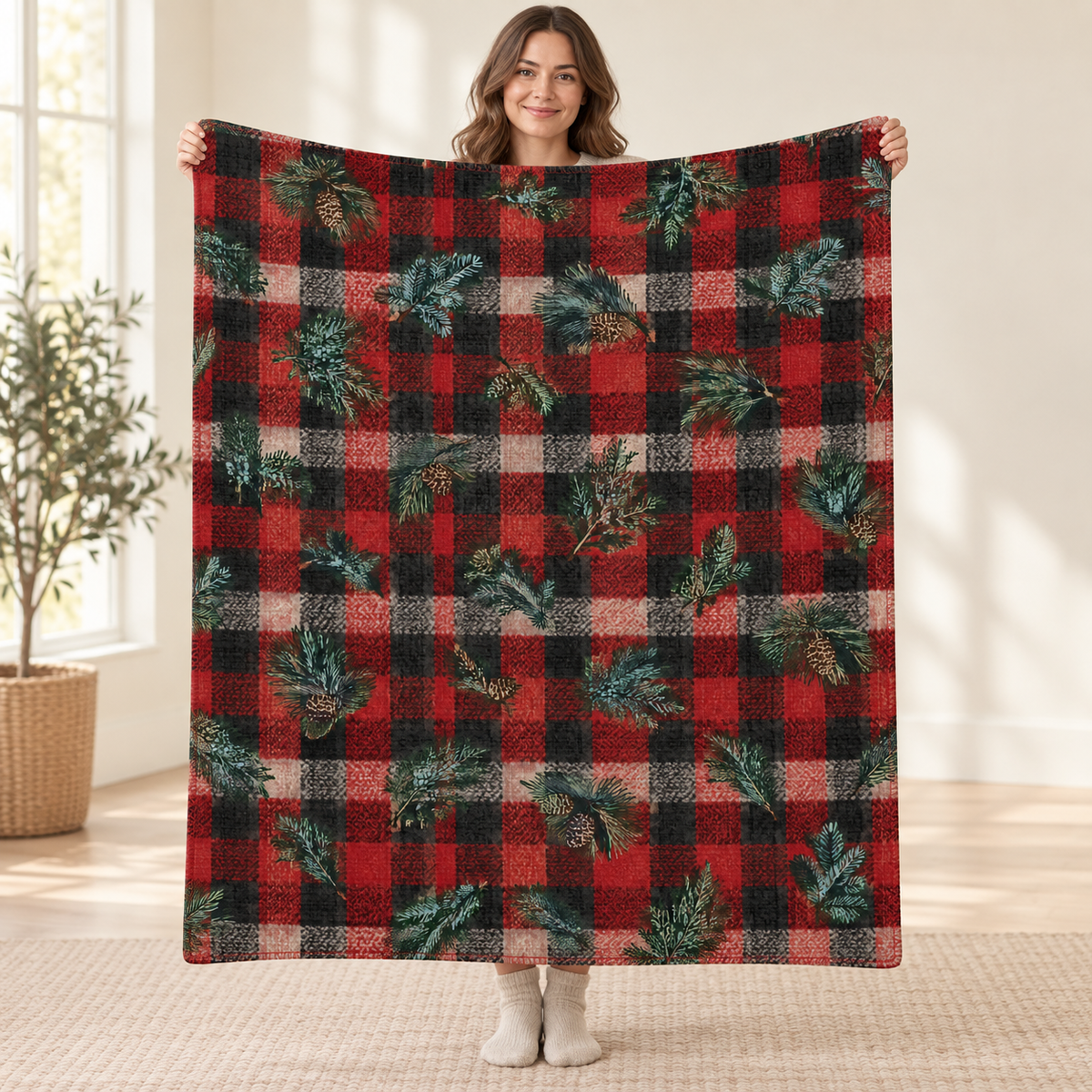 Evergreen Buffalo Check blanket, held open