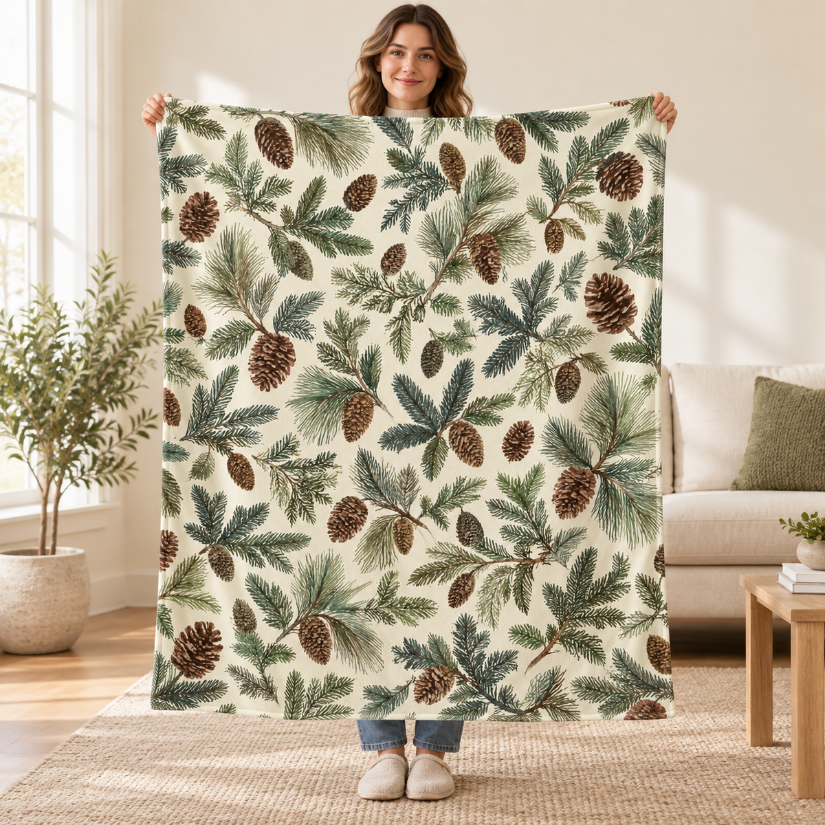 Cream Pinecones blanket, held open