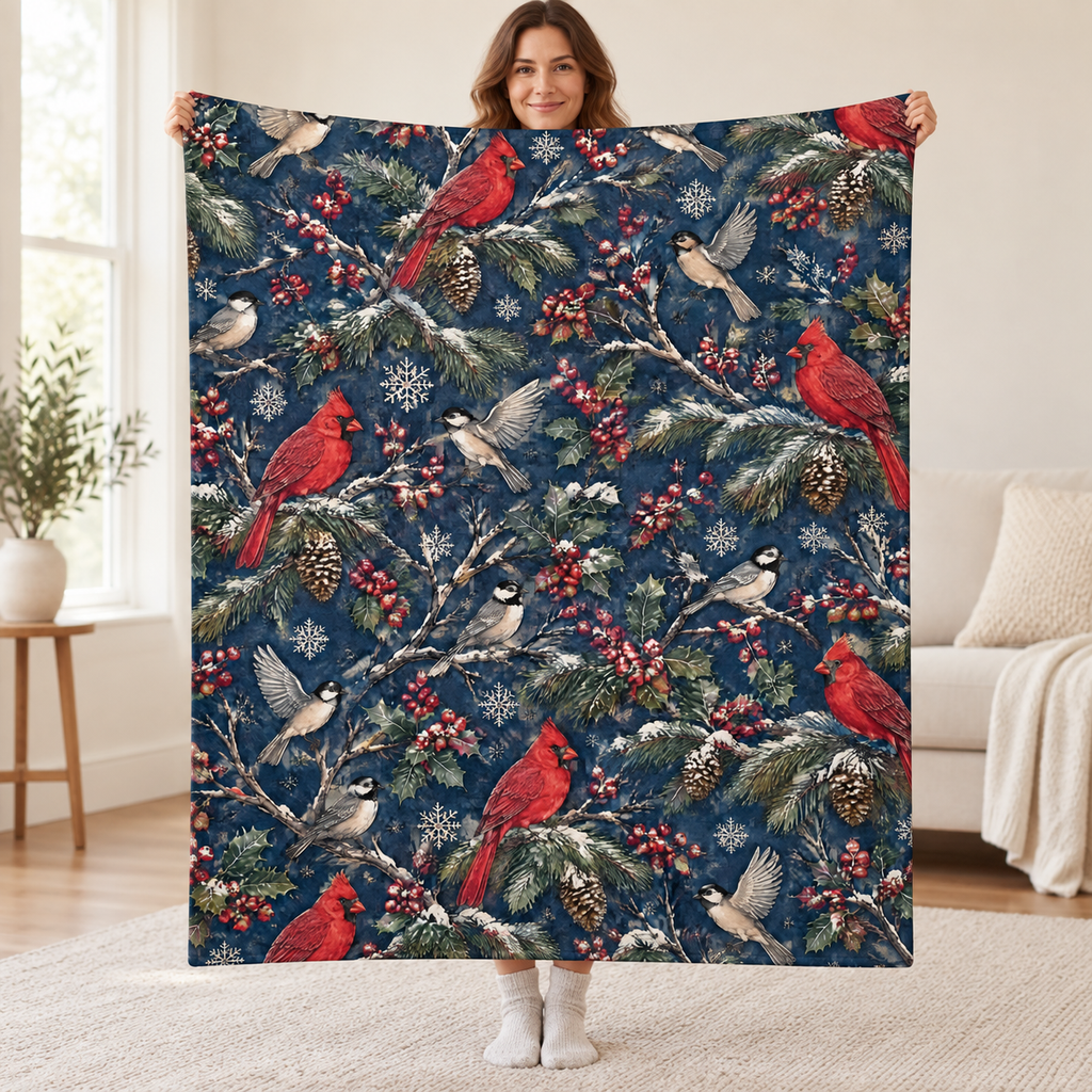 Winter Bird Toile blanket, held open