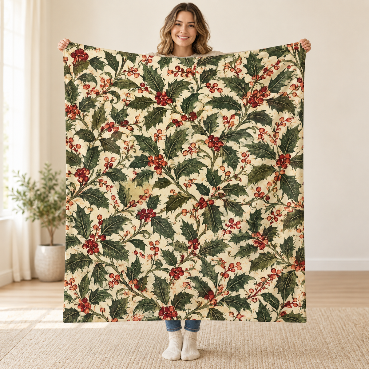 Holly and Berries blanket, held open