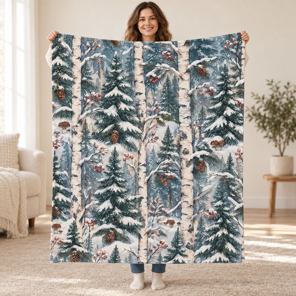 Snowy Birch Pattern blanket, held open
