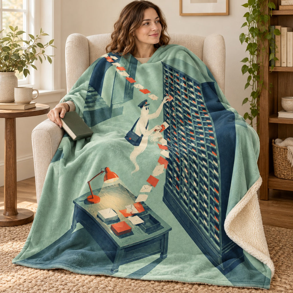 The Undeliverable Letter blanket, wrapped around a reader
