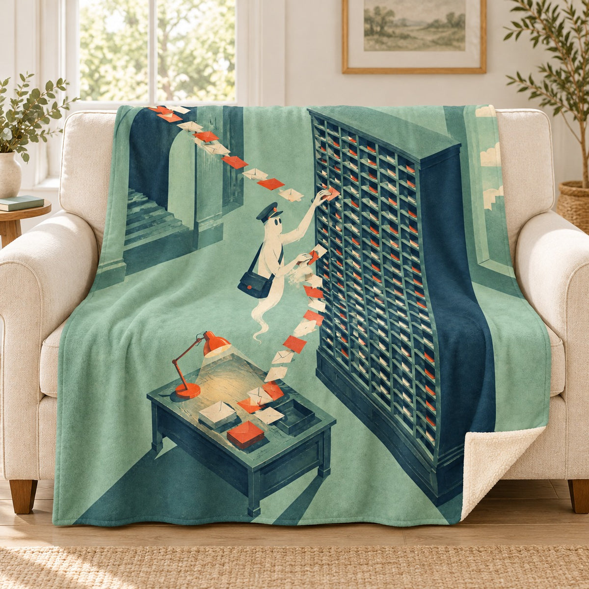 The Undeliverable Letter blanket, on a sofa