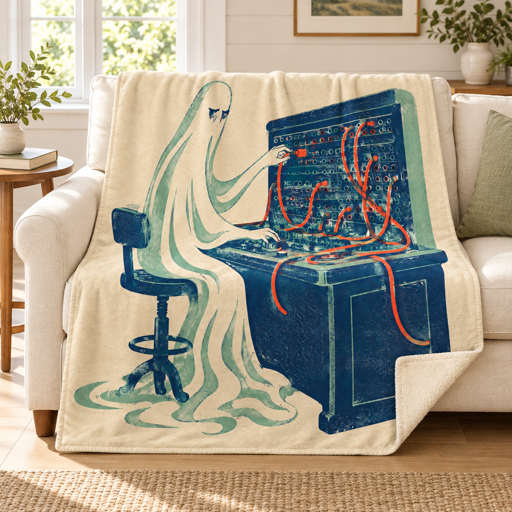 The Midnight Switchboard blanket, on a sofa