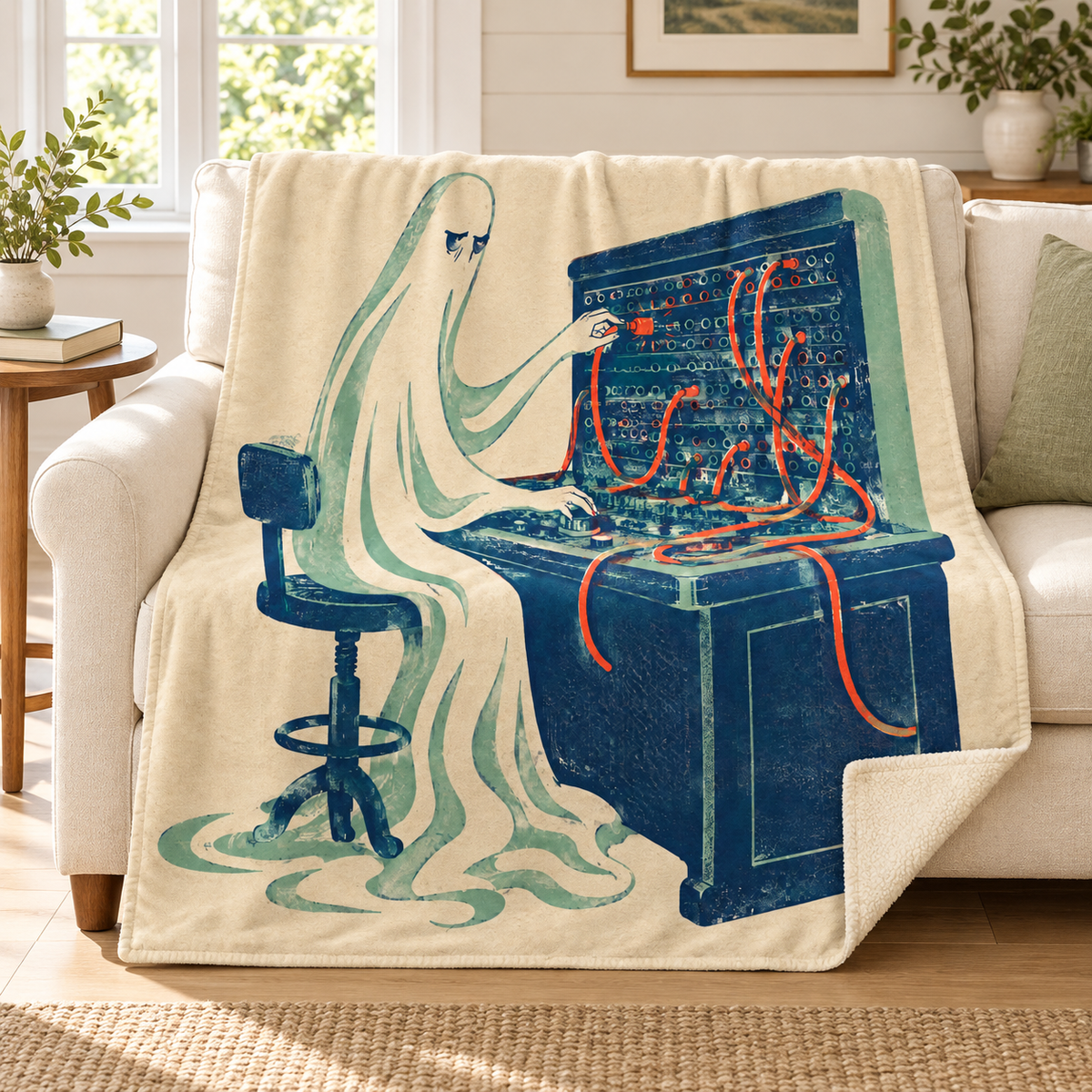 The Midnight Switchboard blanket, on a sofa