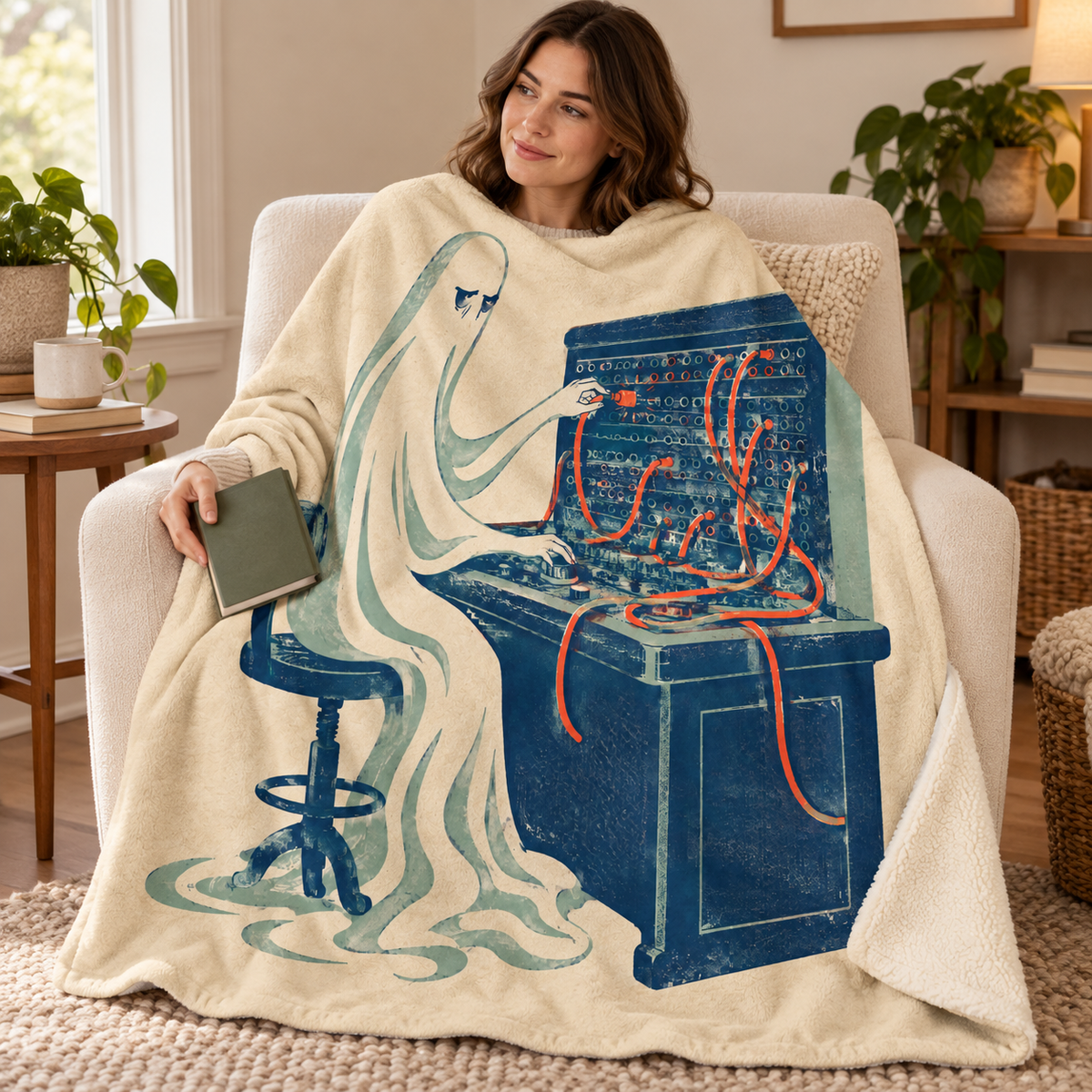 The Midnight Switchboard blanket, wrapped around a reader
