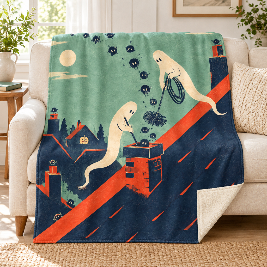 The Rooftop Chimney Sweep blanket, on a sofa
