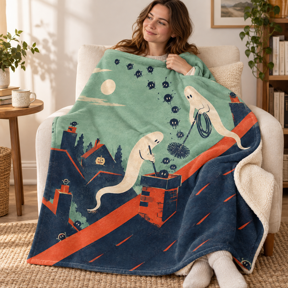 The Rooftop Chimney Sweep blanket, wrapped around a reader