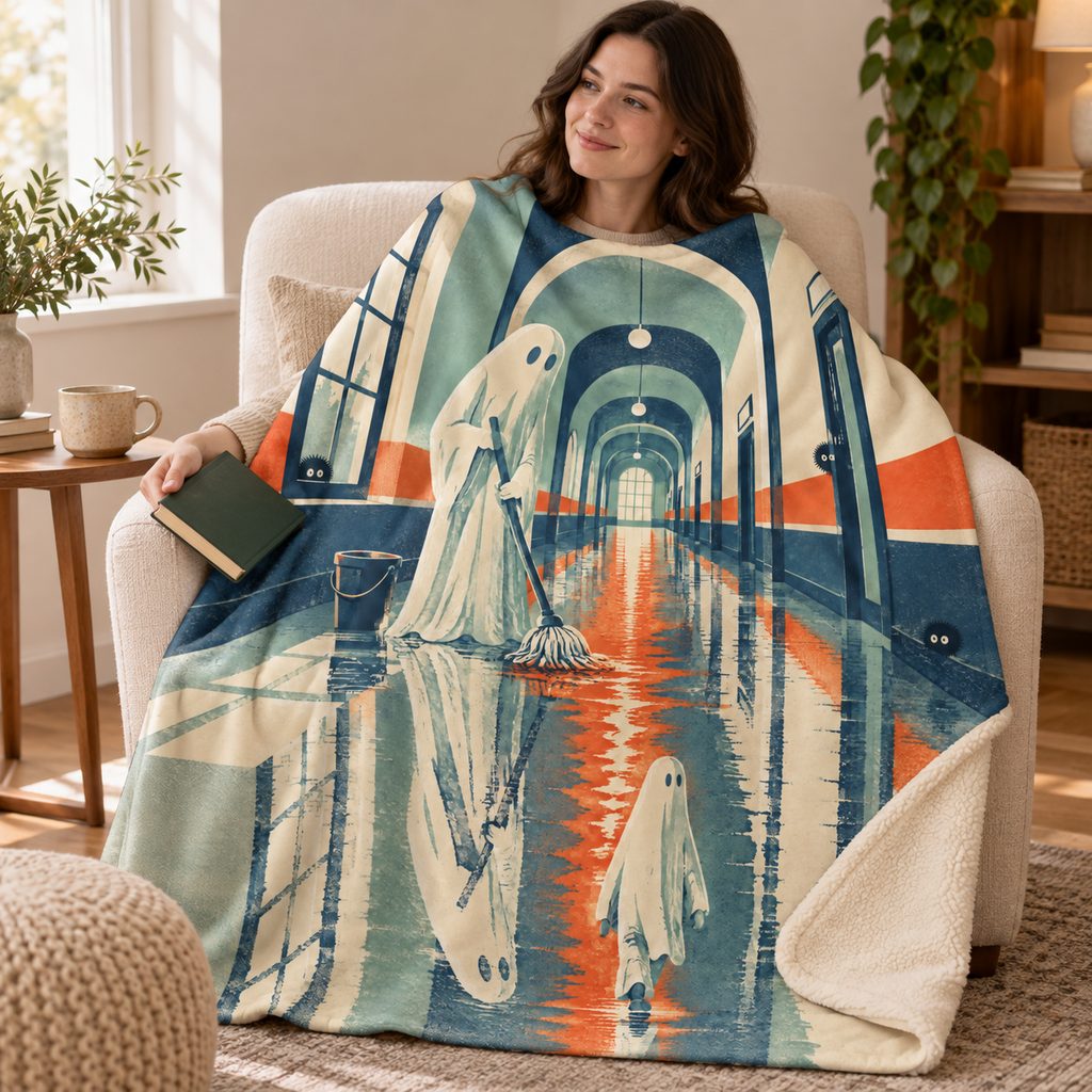 The Night Watch Janitor blanket, wrapped around a reader