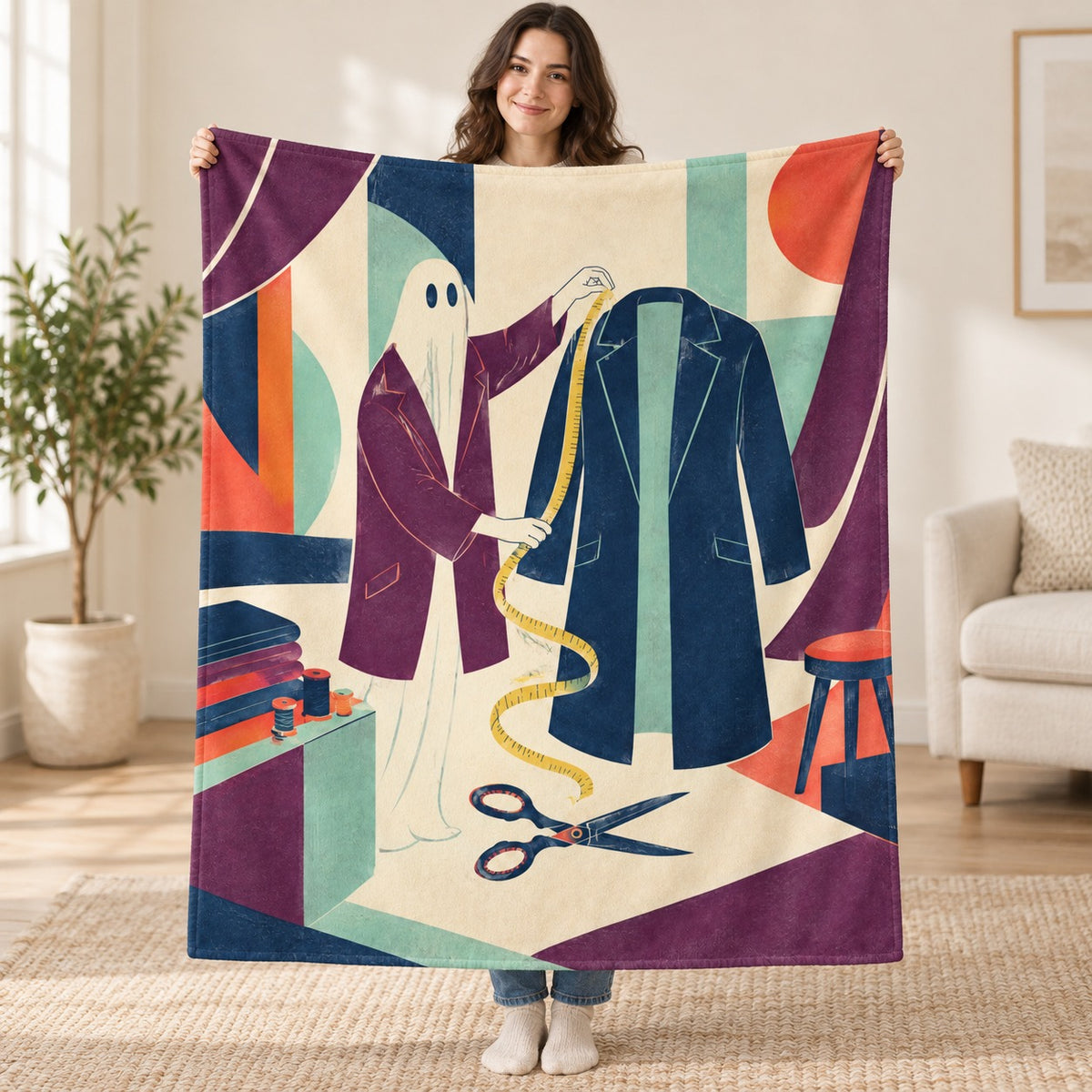The Invisible Tailor blanket, held open