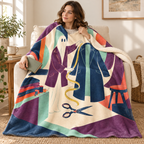 The Invisible Tailor blanket, wrapped around a reader