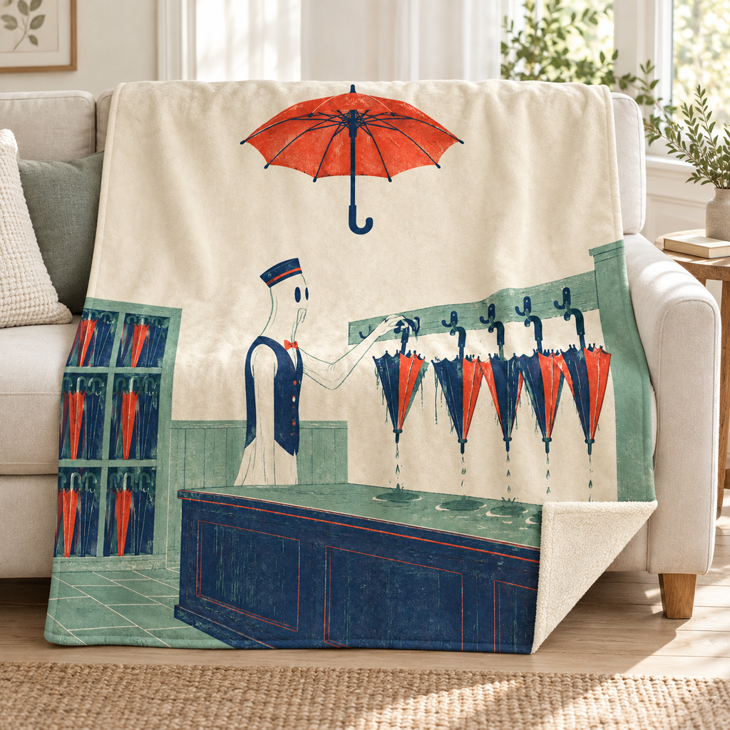 The Lost Umbrella Office blanket, on a sofa
