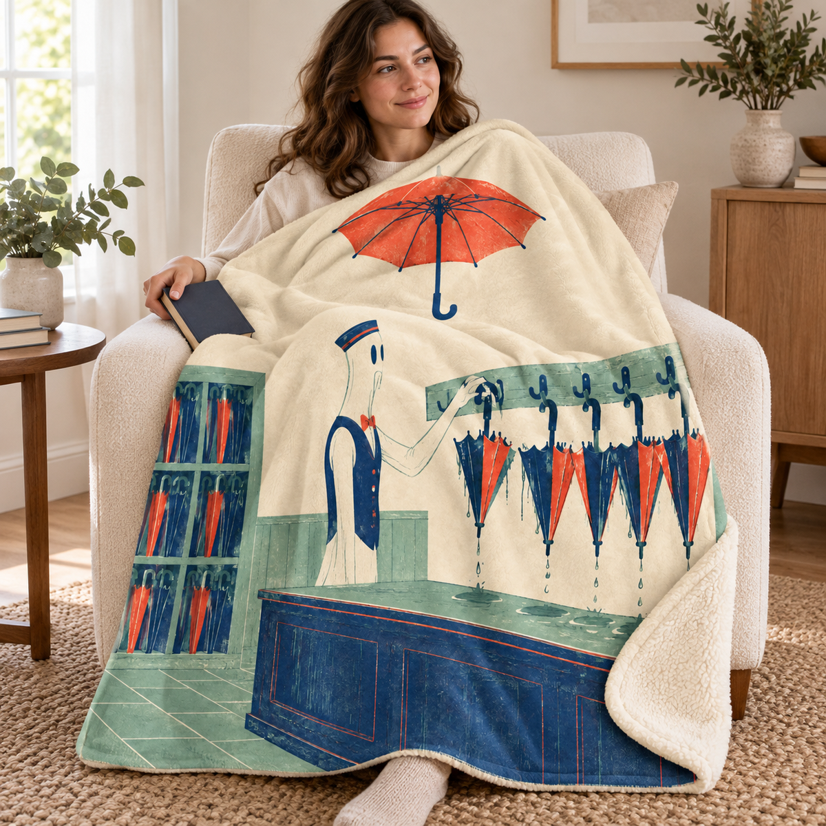 The Lost Umbrella Office blanket, wrapped around a reader
