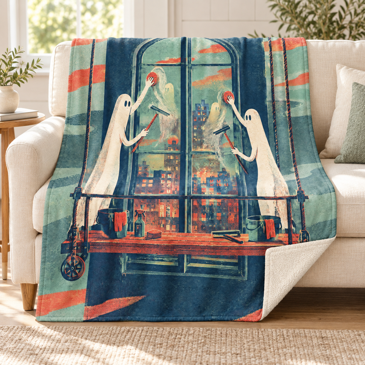 The Moonlight Window Cleaner blanket, on a sofa