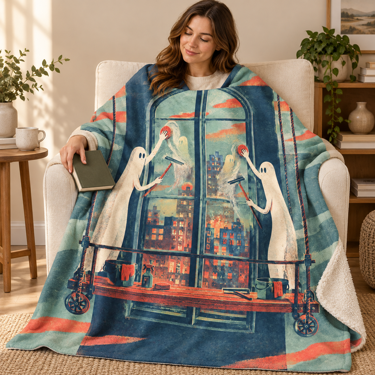 The Moonlight Window Cleaner blanket, wrapped around a reader