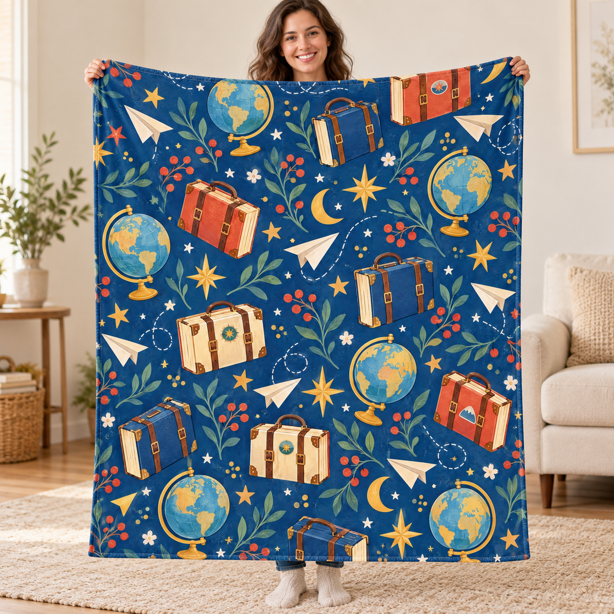 Around the World in Books blanket, held open