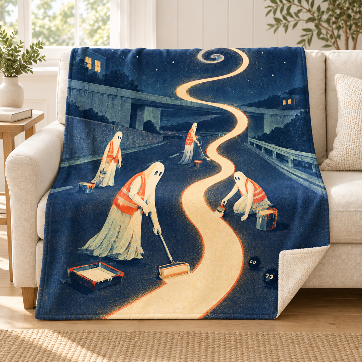 The Phantom Road Crew blanket, on a sofa