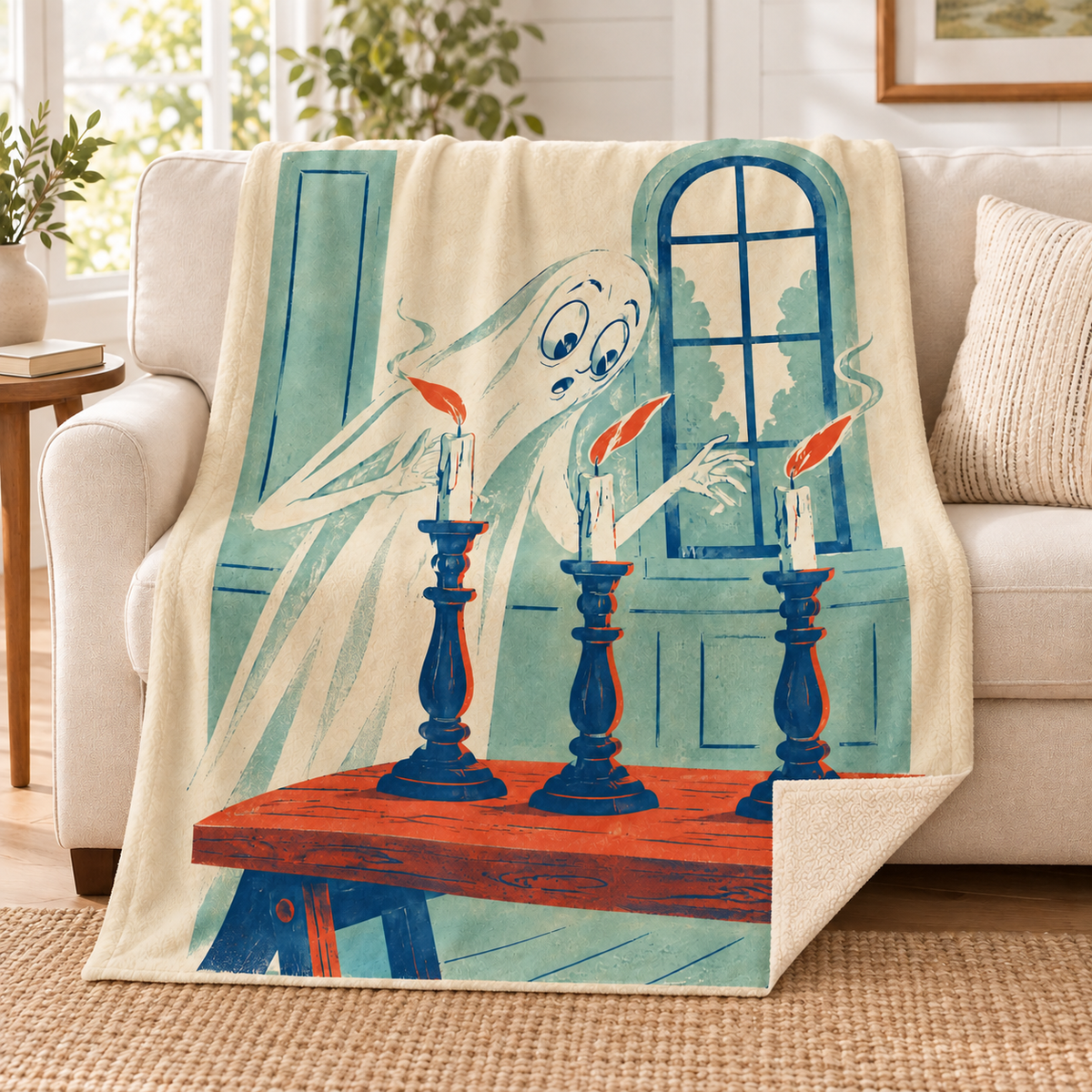 The Candle Inspector blanket, on a sofa