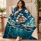 The Lantern Ship blanket, wrapped around a reader