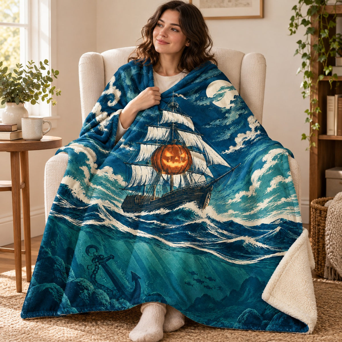 The Lantern Ship blanket, wrapped around a reader