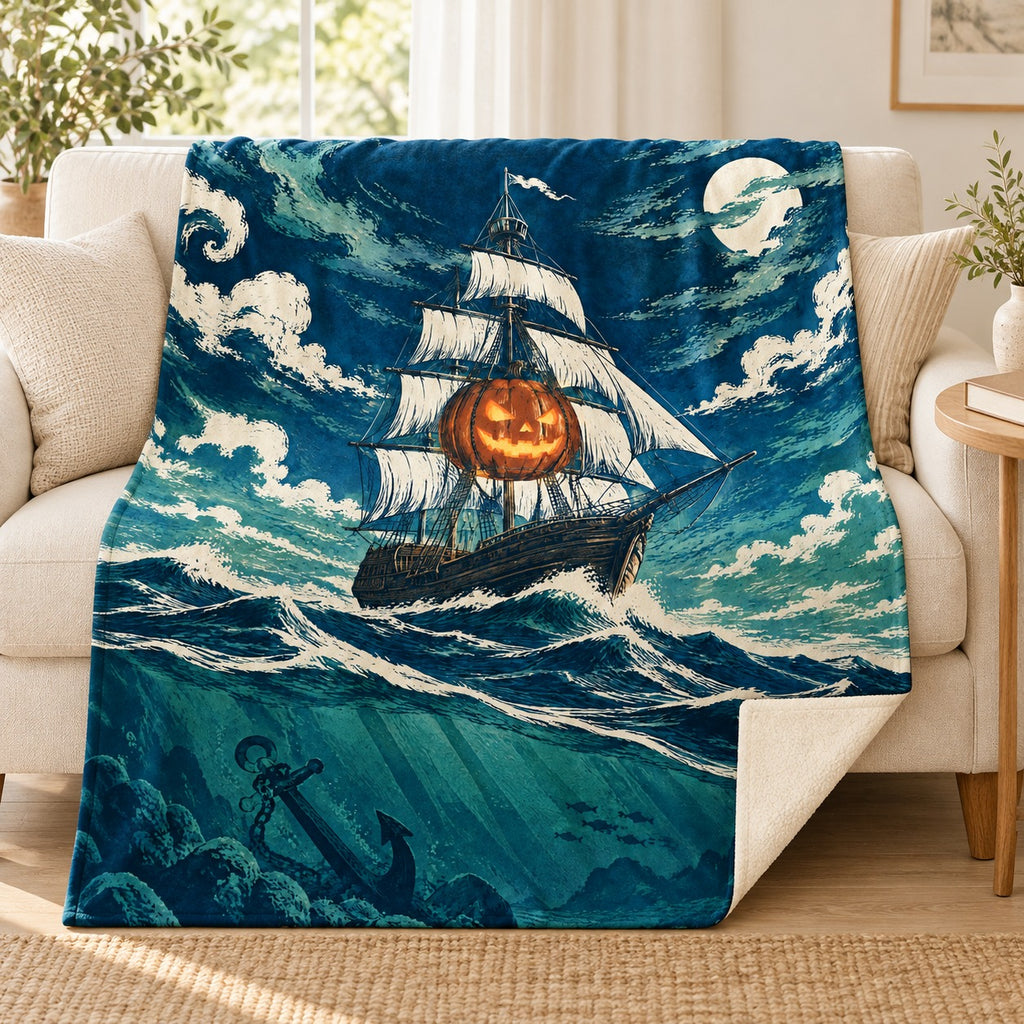 The Lantern Ship blanket, on a sofa